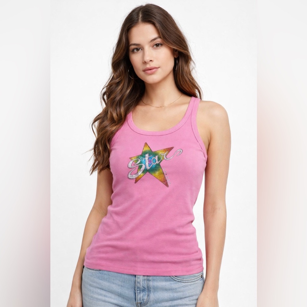 Y2K HTF Pink Graphic Tank Top Star Glitter Baby Tee Sisley Paris RARE NWT VTG